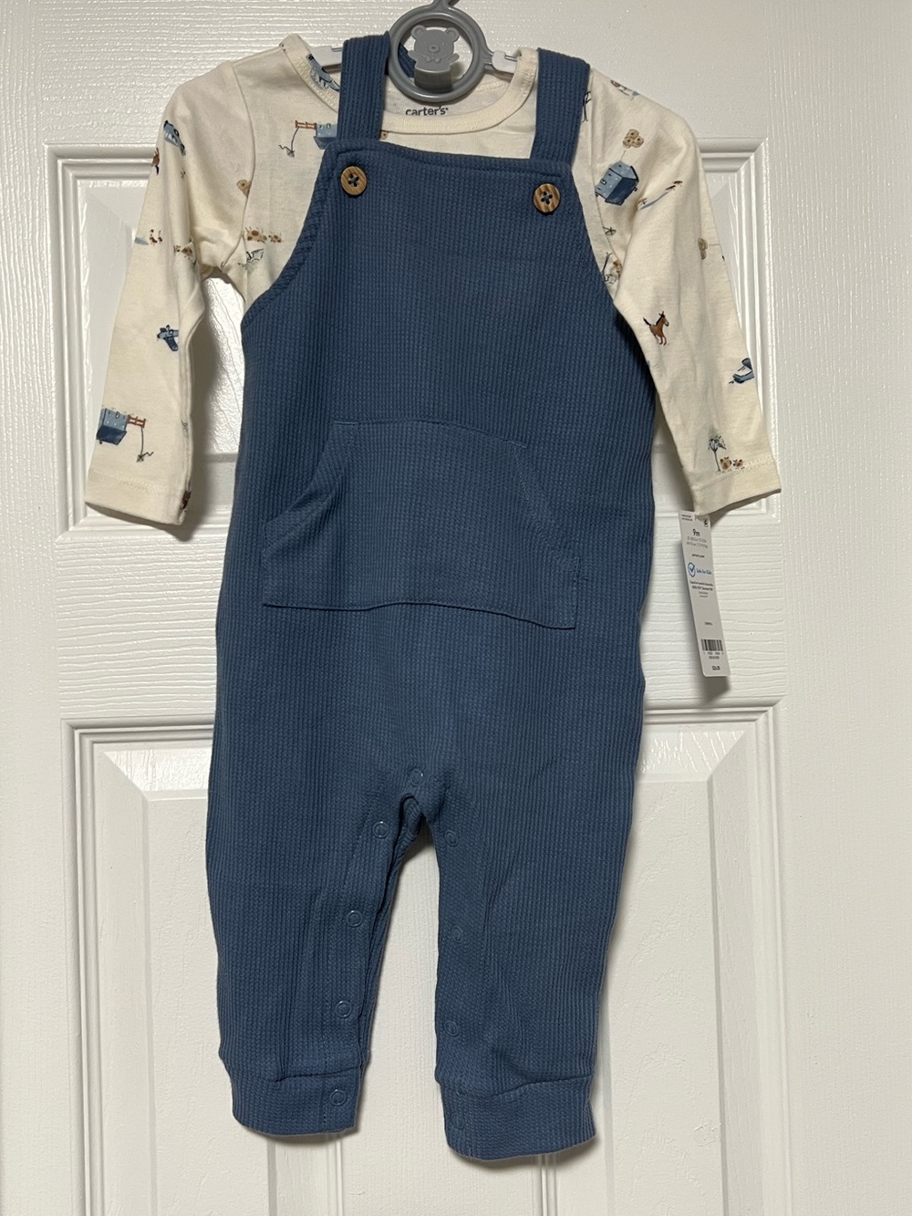 NWT Carter's Baby Boy Blue Waffle Knit Thermal Overalls & Tee Set 9M